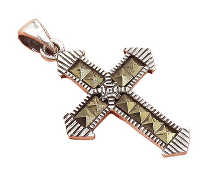 925 Sterling Silver  Petite Shiny Marcasite Religious Cross Pendant  PT6114