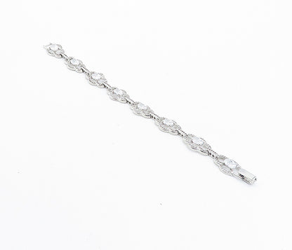 925 Sterling Silver  Sparkling Cubic Zirconia Floral Chain Bracelet  BT3508