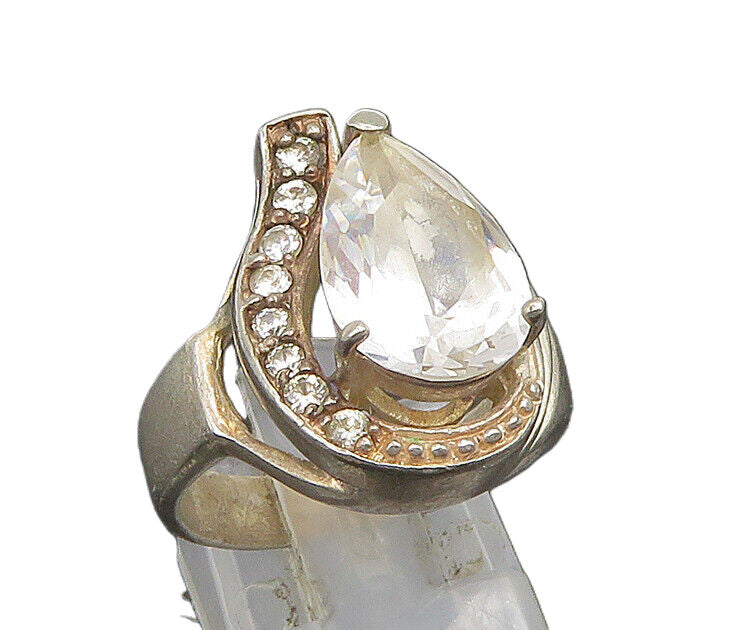 925 Silver  Vintage Pear Shaped Cubic Zirconia Half Halo Ring Sz 7.5  RG25165