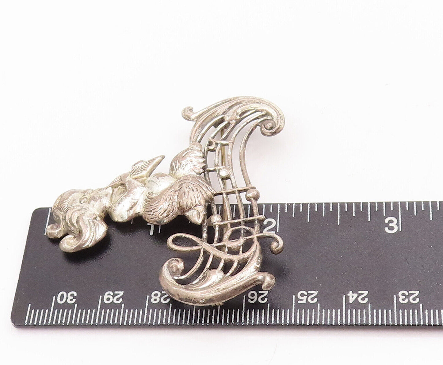 925 Sterling Silver Vintage Brooch Pin LANG Child Playing Musical Notes  BP10848