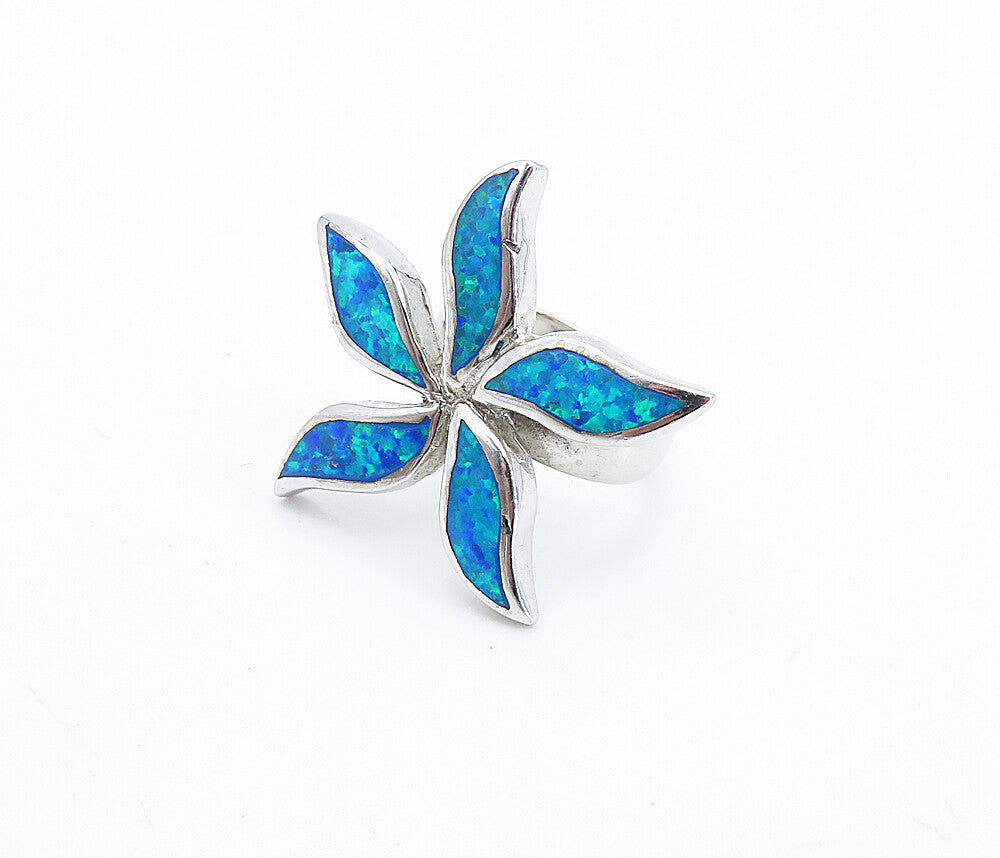925 Sterling Silver  Inlaid Blue Fire Opal Flower Cocktail Ring Sz 6  RG7815