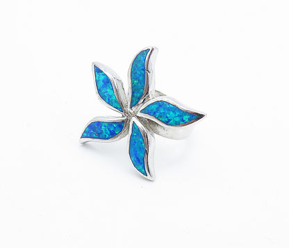 925 Sterling Silver  Inlaid Blue Fire Opal Flower Cocktail Ring Sz 6  RG7815