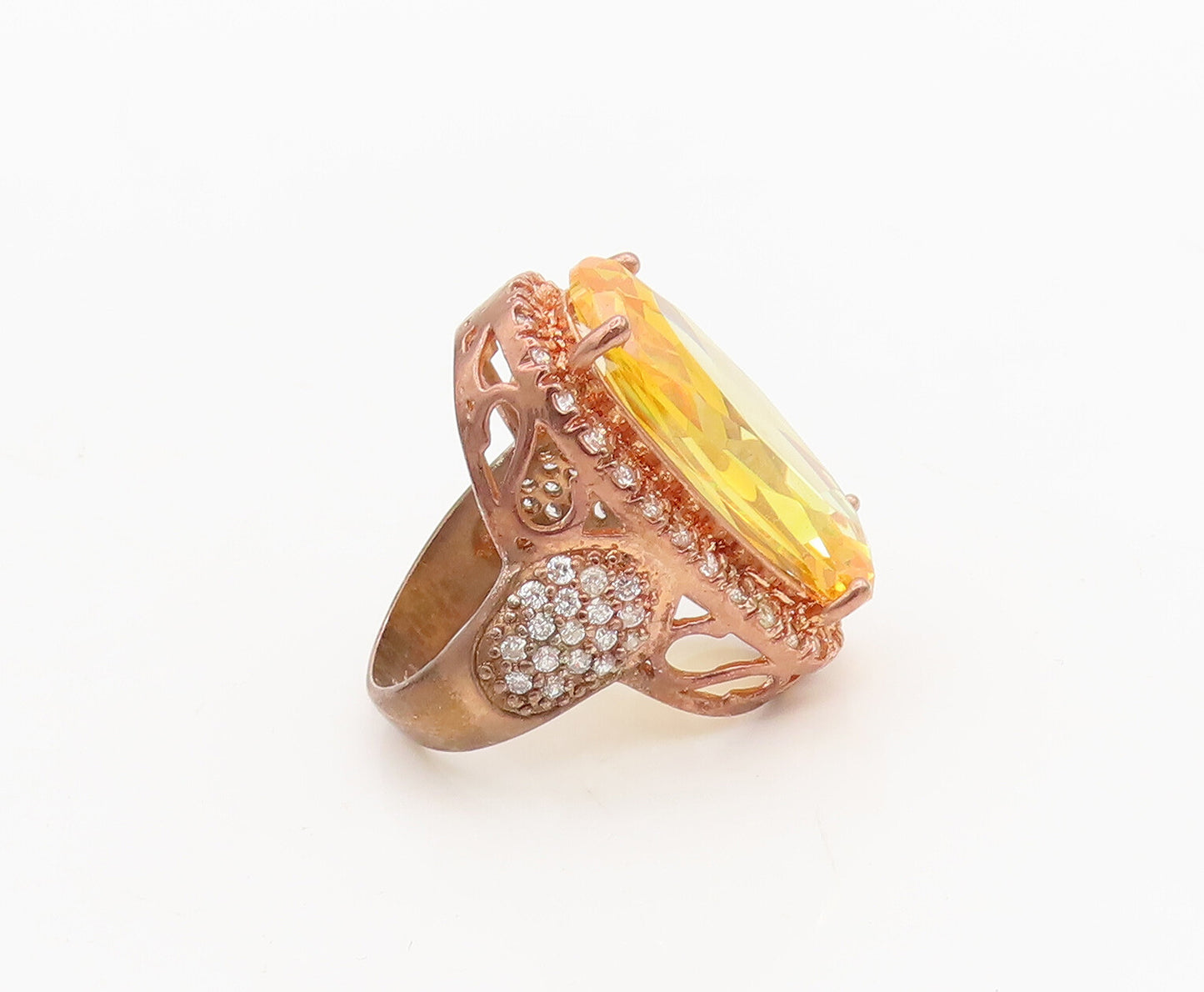 925 Silver  Vintage Rose Gold Oval Citrine Halo CZ Carved Ring Sz 5.75 RG26883