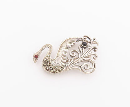 925 Sterling Silver Vintage Brooch Pin Multi Gemstone Scrollwork Swan  BP12635