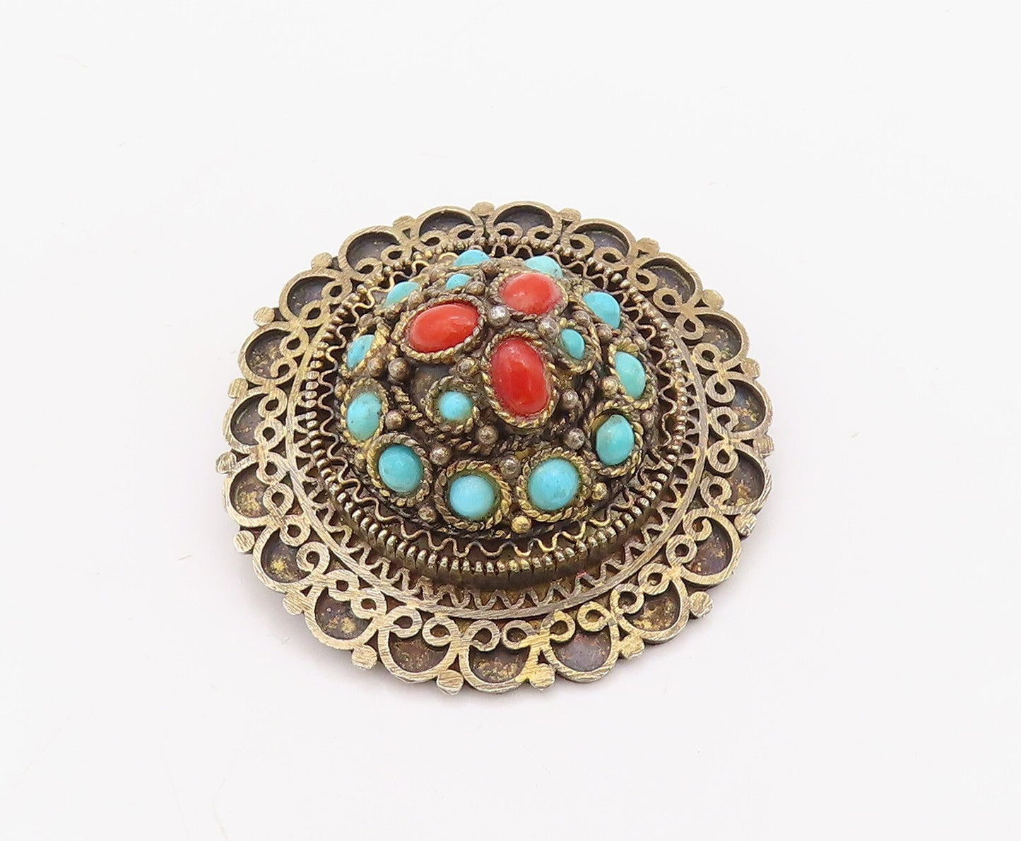 925 Sterling Silver Vintage Brooch Pin ISRAEL Gold Plated Turquoise   BP11217