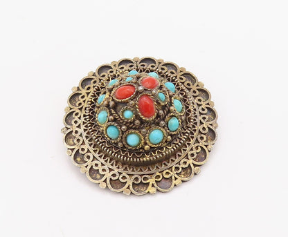 925 Sterling Silver Vintage Brooch Pin ISRAEL Gold Plated Turquoise   BP11217