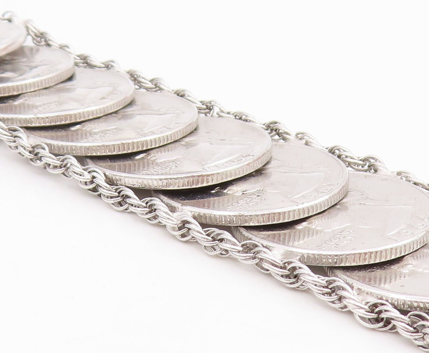 925 Sterling Silver Vintage Bracelet Solid US Quarter Dollar Coins Link  BT11626