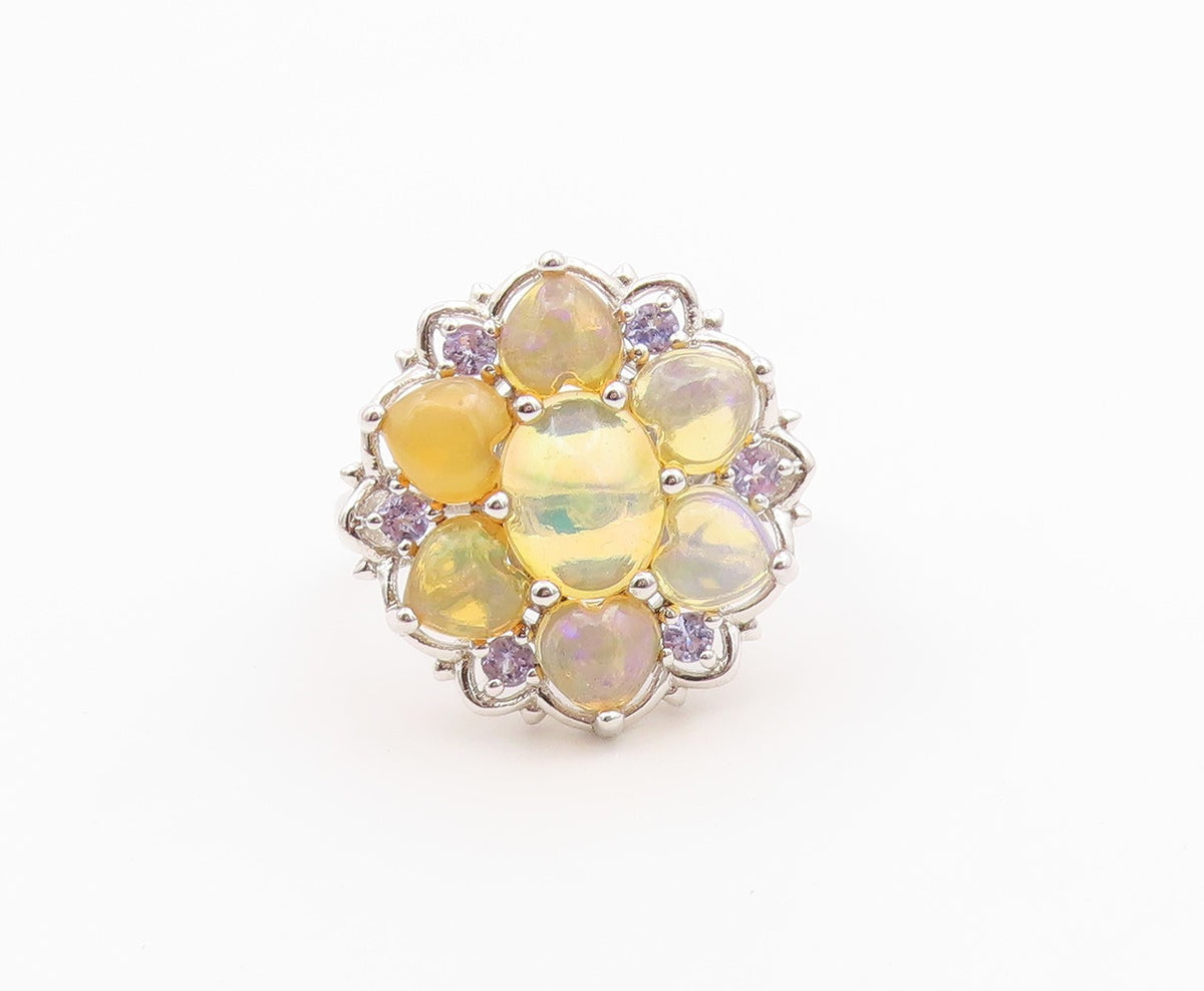 925 Sterling Silver Vintage Ring Opal & Tanzanite Floral Petal  Sz 11.5  RG36499