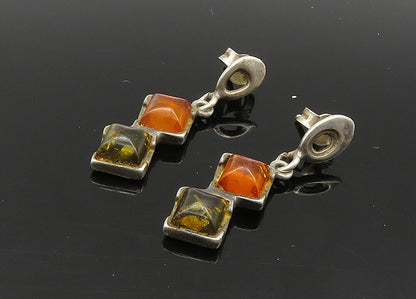 925 Sterling Silver  Vintage Cabochon Amber 2 Stone Dangle Earrings  EG10330