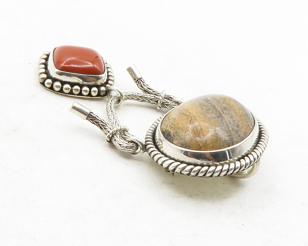 BALI 925 Sterling Silver  Vintage Cabochon Cut Jasper Twist Brooch Pin  BP4739