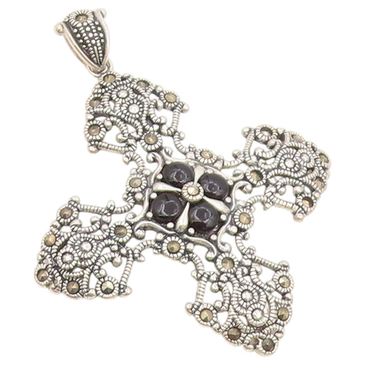 925 Sterling Silver Vintage Pendant Onyx & Marcasite Filigree Cross  PT26434