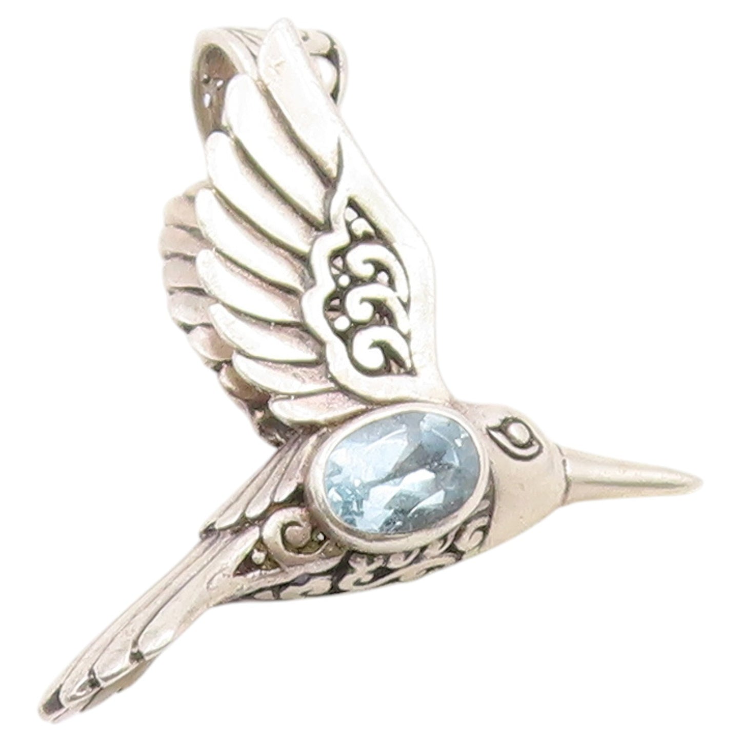 925 Sterling Silver Vintage Pendant ATI Blue Topaz Hummingbird Charm  PT26365