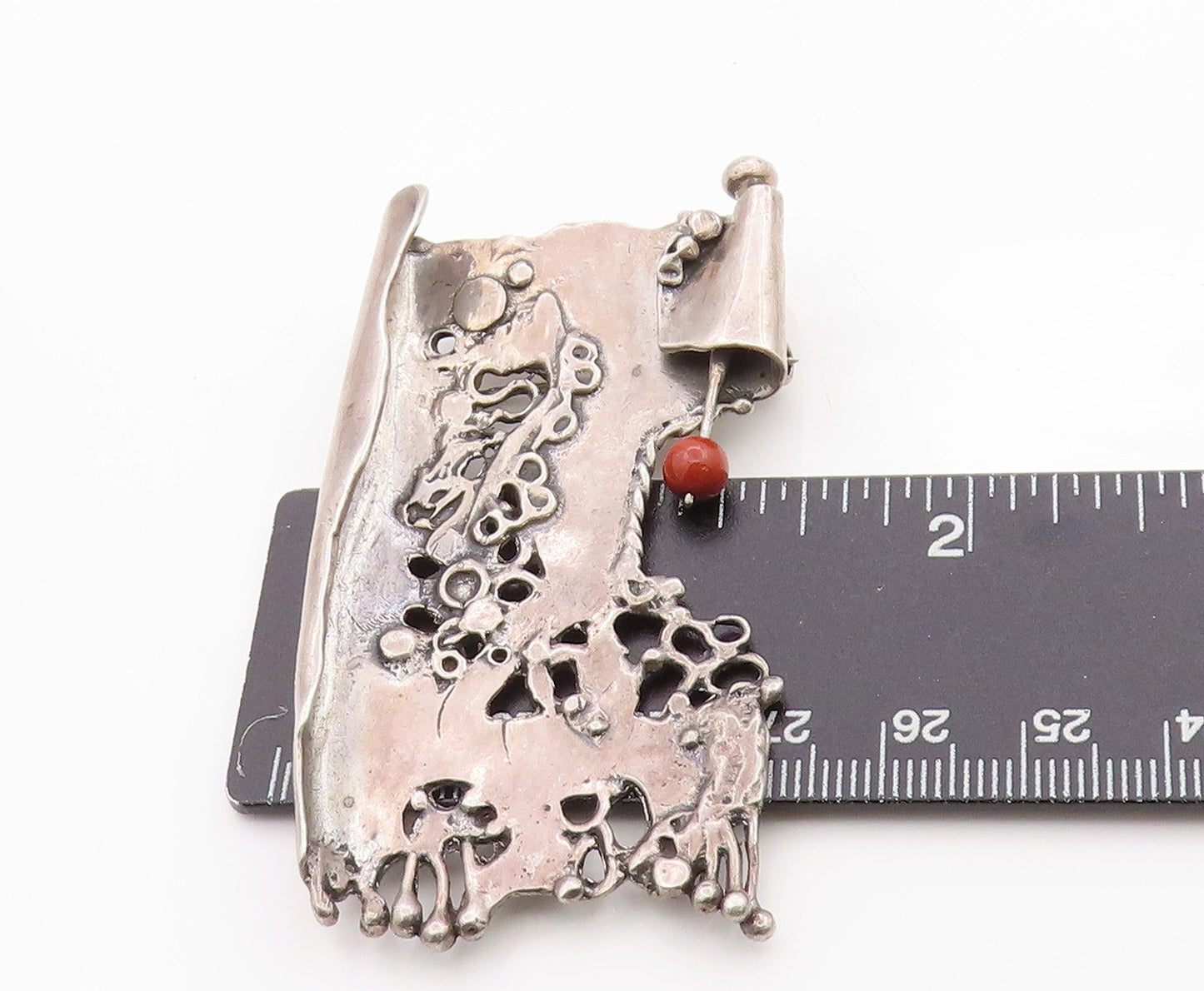 925 Sterling Silver Vintage Brooch Modernist Artisan Designed Red Bead  BP11802