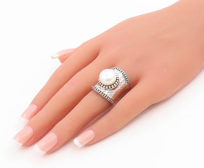 925 Sterling Silver Vintage Ring Round Pearl Wide Textured Band  Sz 7  RG35764