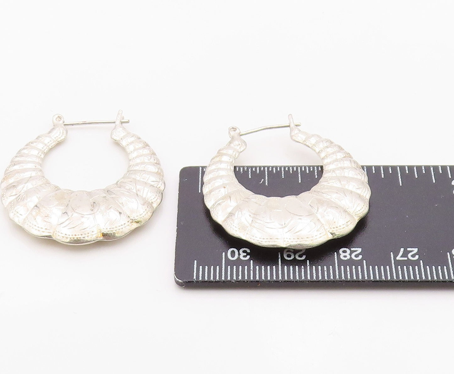 925 Sterling Silver Vintage Earrings Modernist Etched Croissant Hoops  EG14409