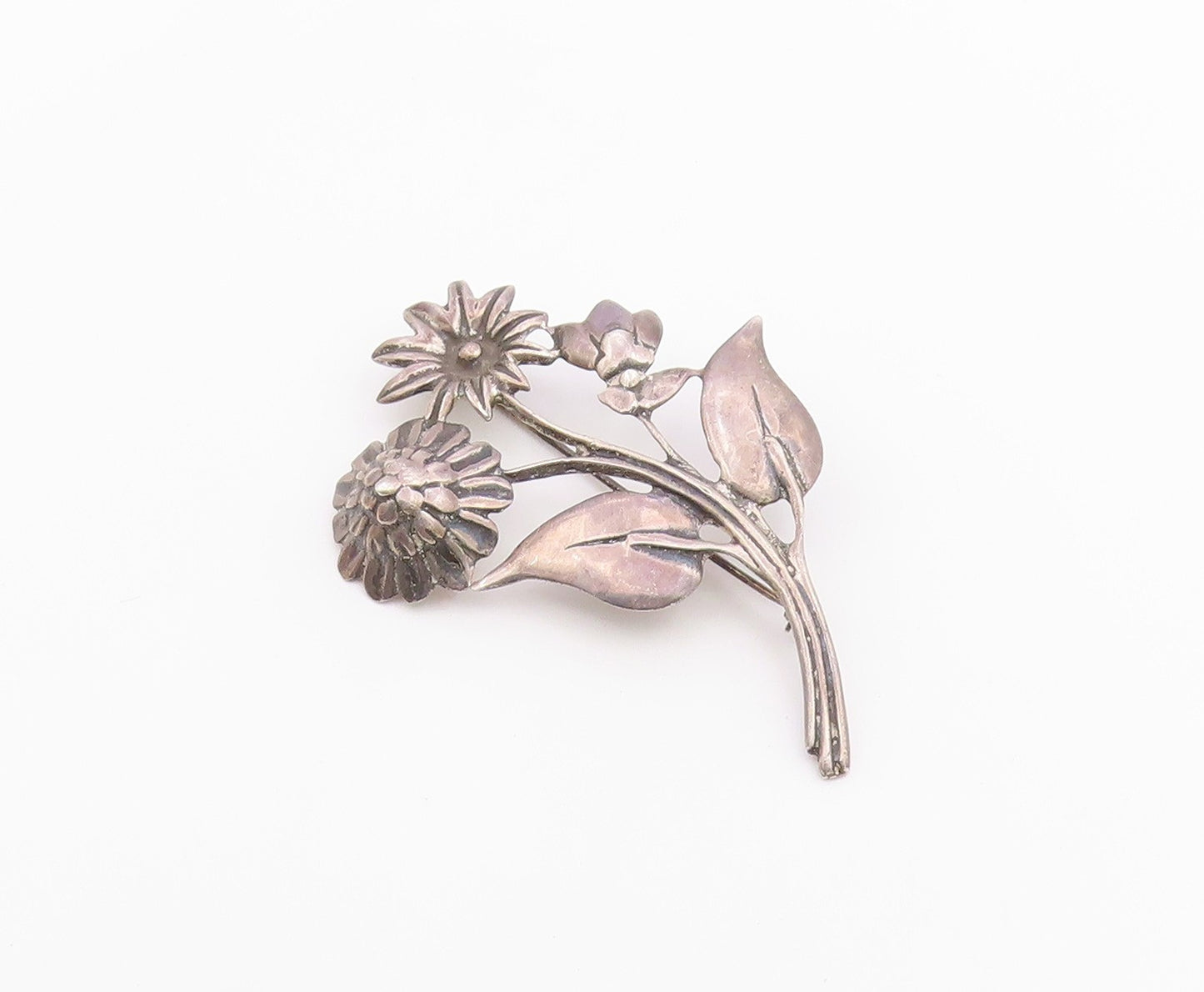 925 Sterling Silver Vintage Antique Carved Flowers With Stem Brooch Pin BP9574