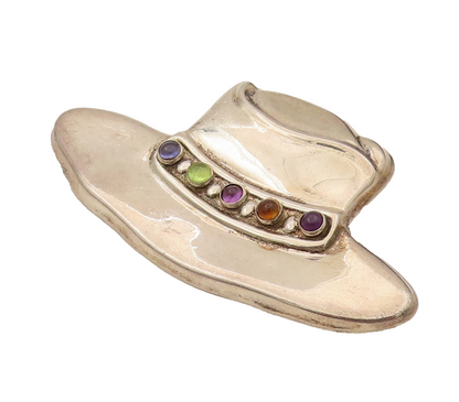 925 Silver  Vintage Heavy Cabochon Amethyst & Gemstones Hat Brooch Pin BP10266