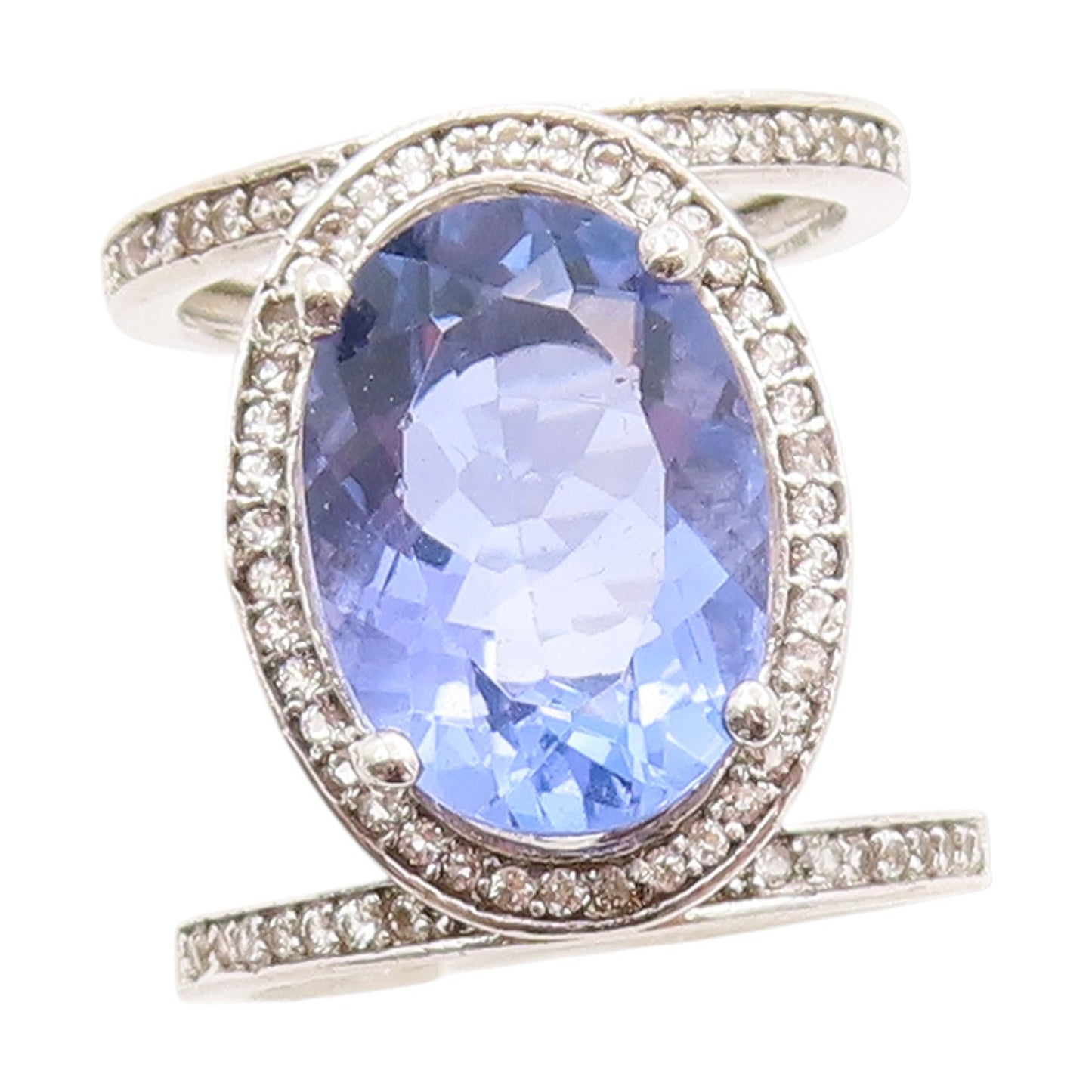 925 Sterling Silver Vintage Ring Oval Tanzanite & Sparkling CZ Band Sz 5 RG33685