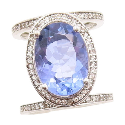 925 Sterling Silver Vintage Ring Oval Tanzanite & Sparkling CZ Band Sz 5 RG33685