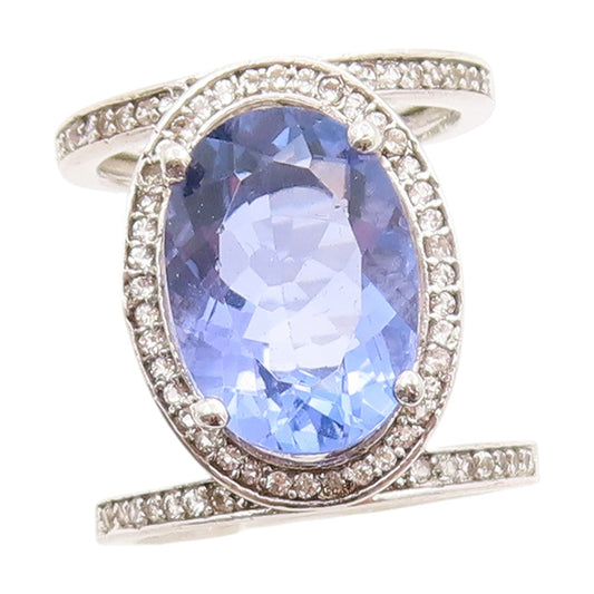 925 Sterling Silver Vintage Ring Oval Tanzanite & Sparkling CZ Band Sz 5 RG33685