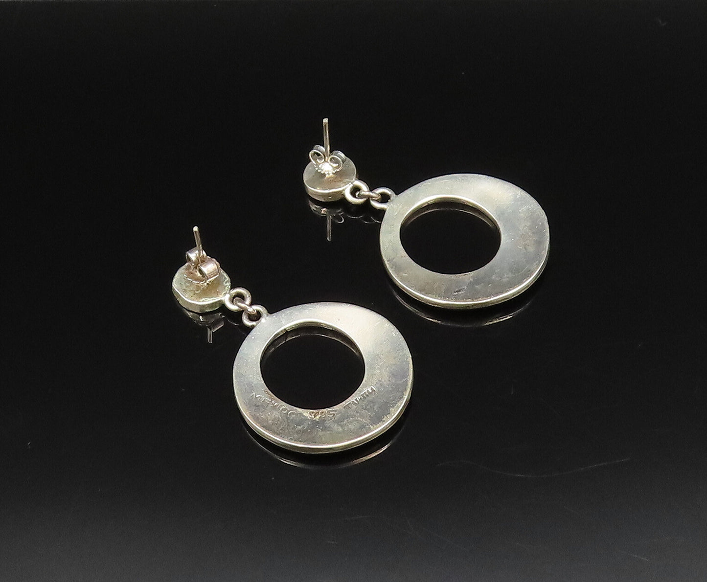 MEXICO 925 Sterling Silver Vintage Turquoise & Onyx Open Circle Earrings EG12250