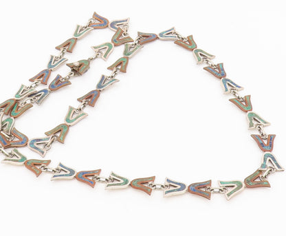 MEXICO 925 Sterling Silver  Vintage Hourglass Inlay Turquoise Necklace  NE4043