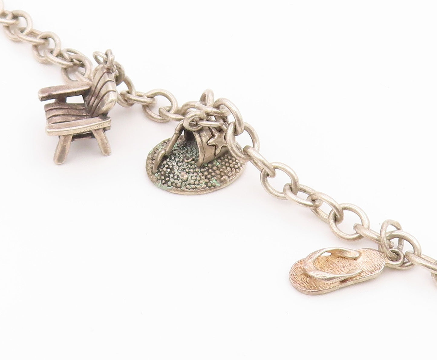 925 Sterling Silver  Vintage Beach Day Charm Round Link Chain Bracelet  BT3772