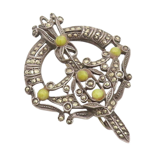 925 Sterling Silver Vintage Brooch Jade & Marcasite Celtic Knotwork Pin  BP12146