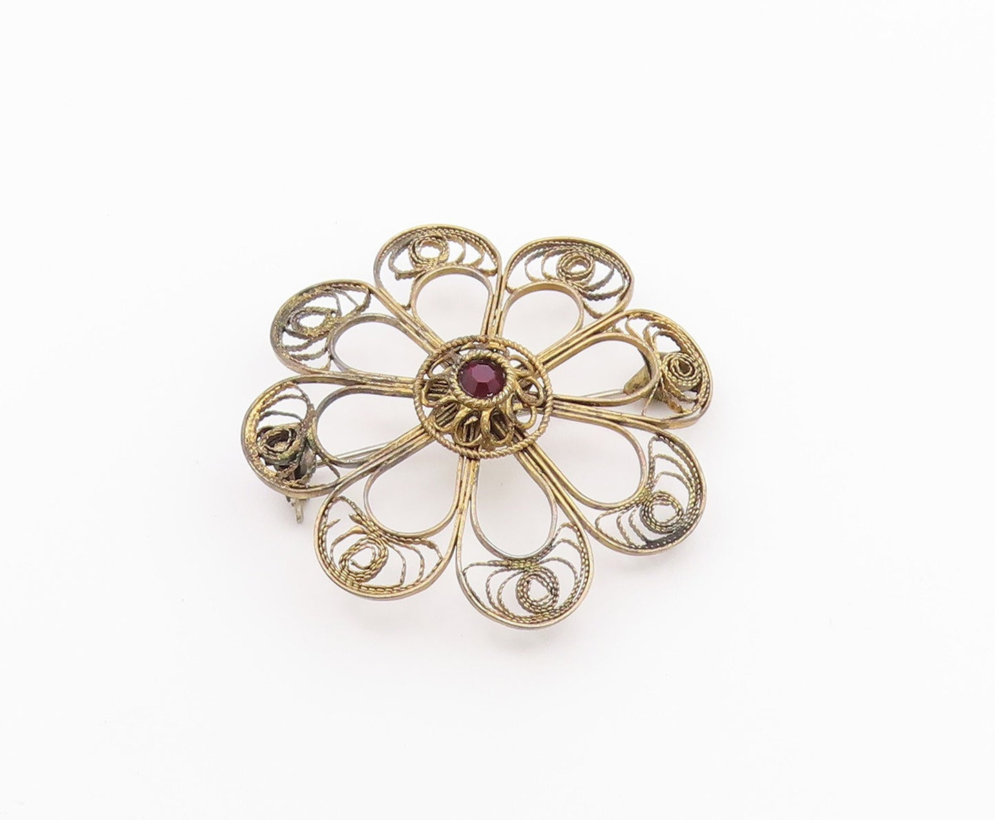 ISRAEL 925 Sterling Silver  Vintage Topaz Filigree Flower Brooch Pin  BP3606
