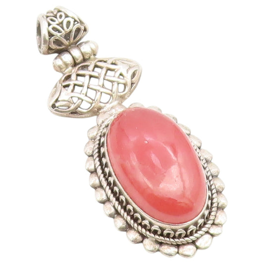 925 Sterling Silver Vintage Pendant Cabochon Coral Mystic Knot Charm  PT26497