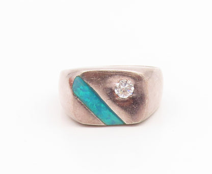 925 Sterling Silver Vintage Ring Fire Opal & CZ Geometric Band  Sz 10.5  RG35575