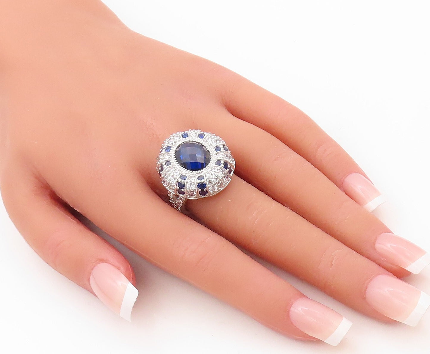 925 Sterling Silver Vintage Ring Designer Oval Sapphire & CZ Inlay Sz 7  RG30783