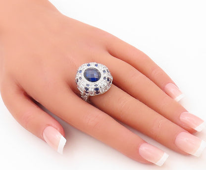 925 Sterling Silver Vintage Ring Designer Oval Sapphire & CZ Inlay Sz 7  RG30783