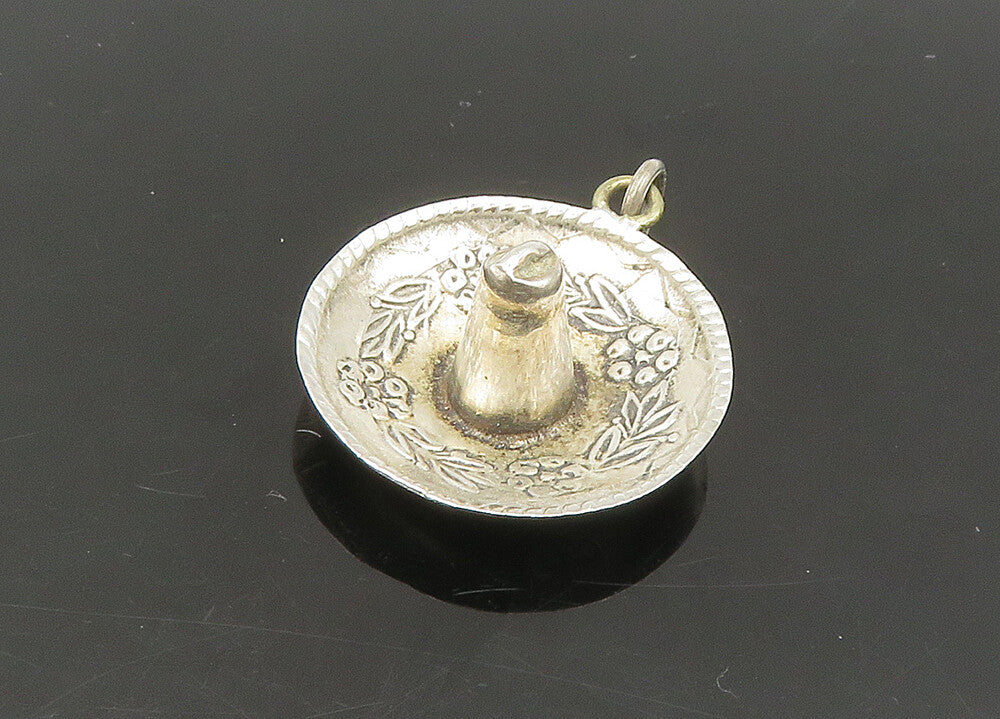 925 Sterling Silver  Vintage Petite Floral Sombrero Hat Pendant  PT18532