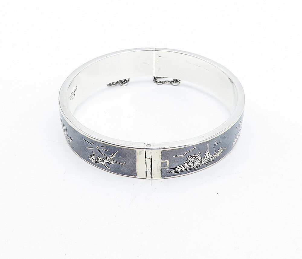 SIAM 925 Silver  Vintage Black Enamel Niello Dancer Bangle Bracelet  BT1536