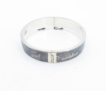 SIAM 925 Silver  Vintage Black Enamel Niello Dancer Bangle Bracelet  BT1536