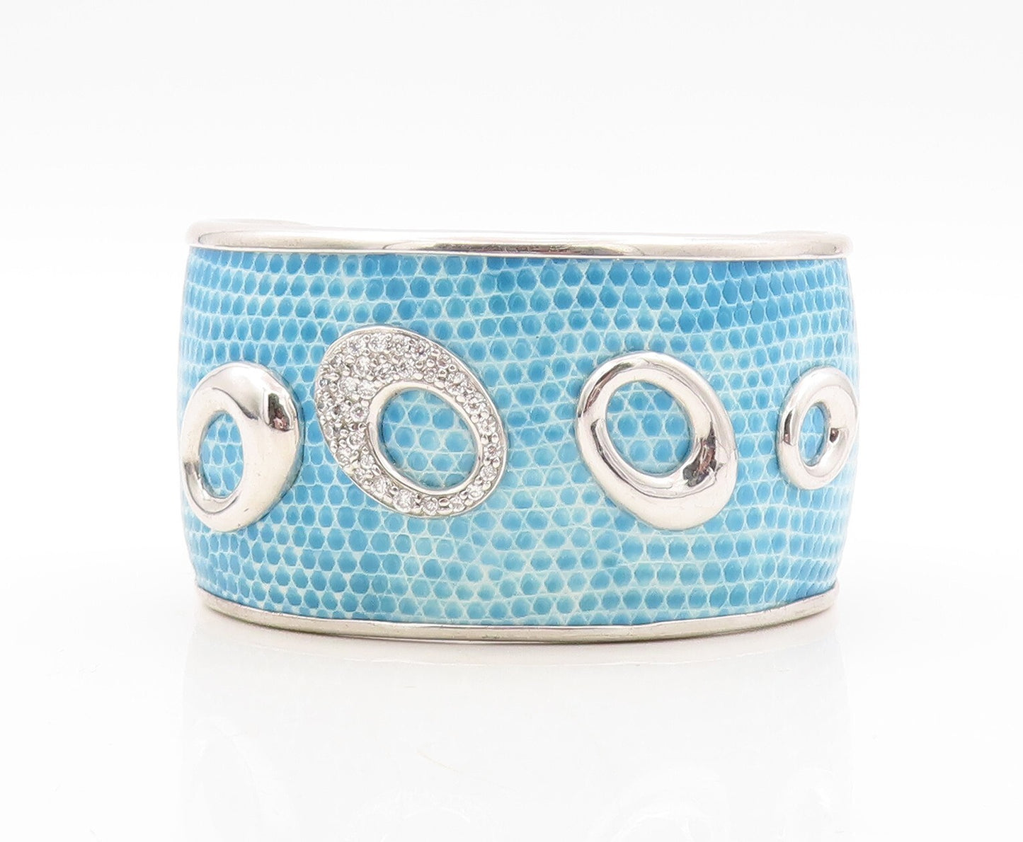 925 Sterling Silver Vintage Bracelet Enameled CZ Inlay Ovals Cuff BT10909