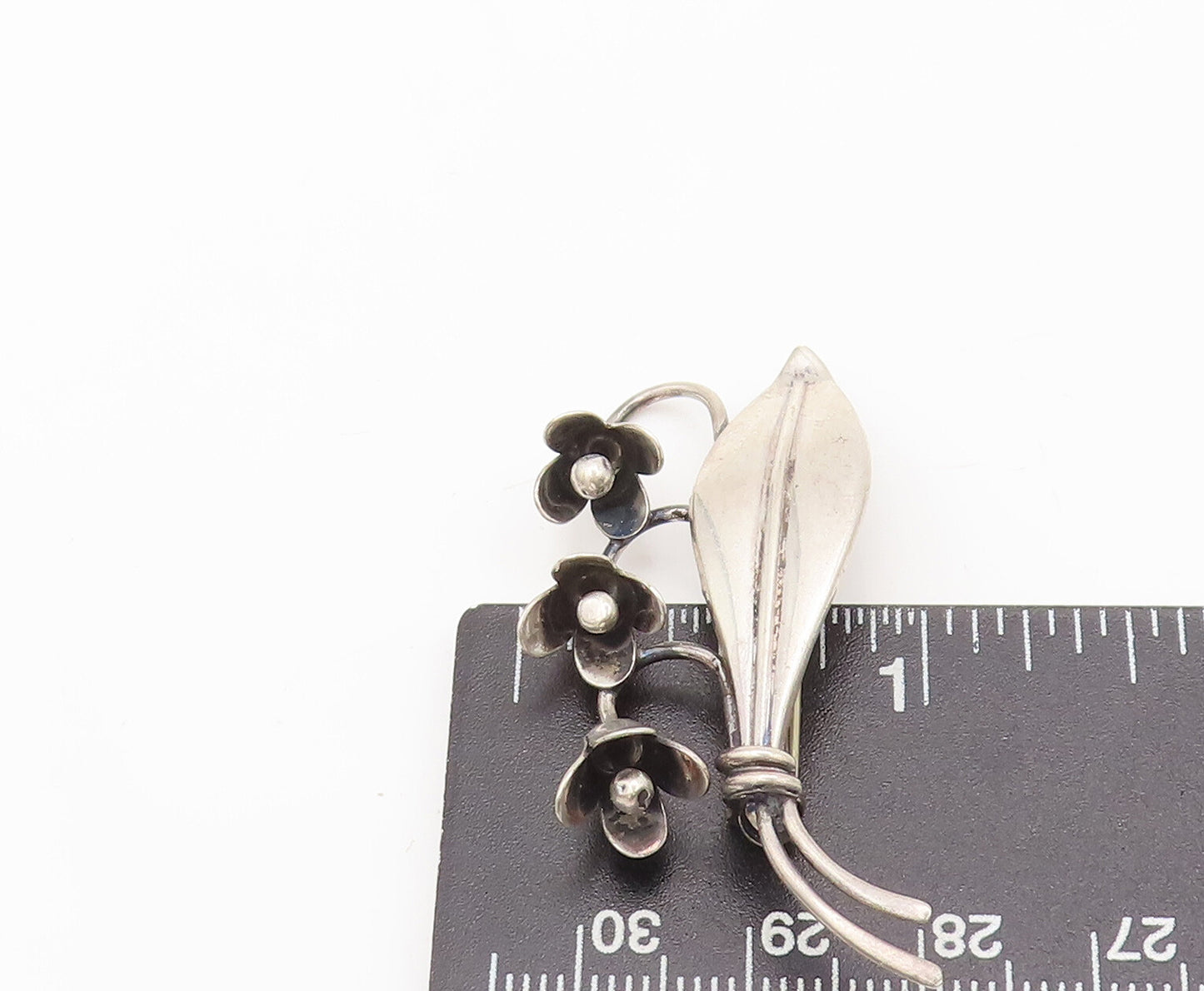 925 Sterling Silver Vintage Brooch Pin DENMARK Leaf Drop Three Flowers  BP10566