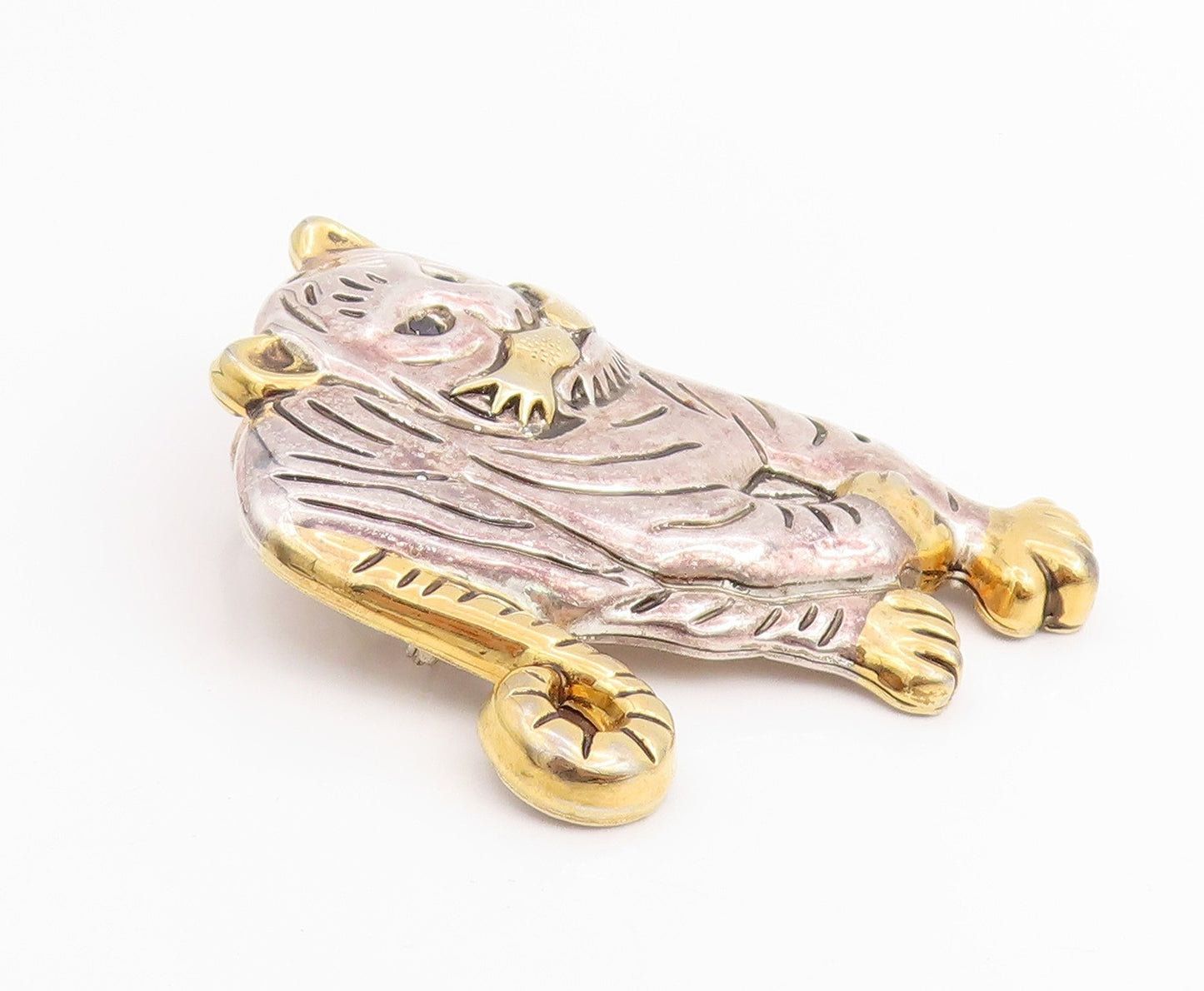 925 Sterling Silver Vintage Brooch Etched Two Tone Roaring Tiger Pin  BP11991