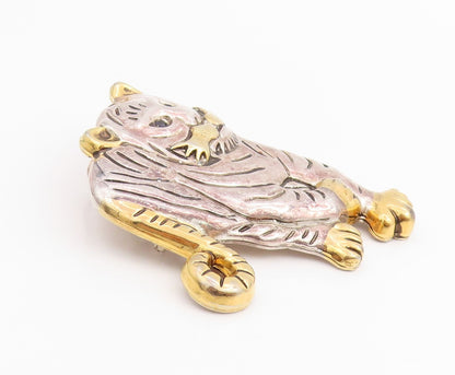 925 Sterling Silver Vintage Brooch Etched Two Tone Roaring Tiger Pin  BP11991