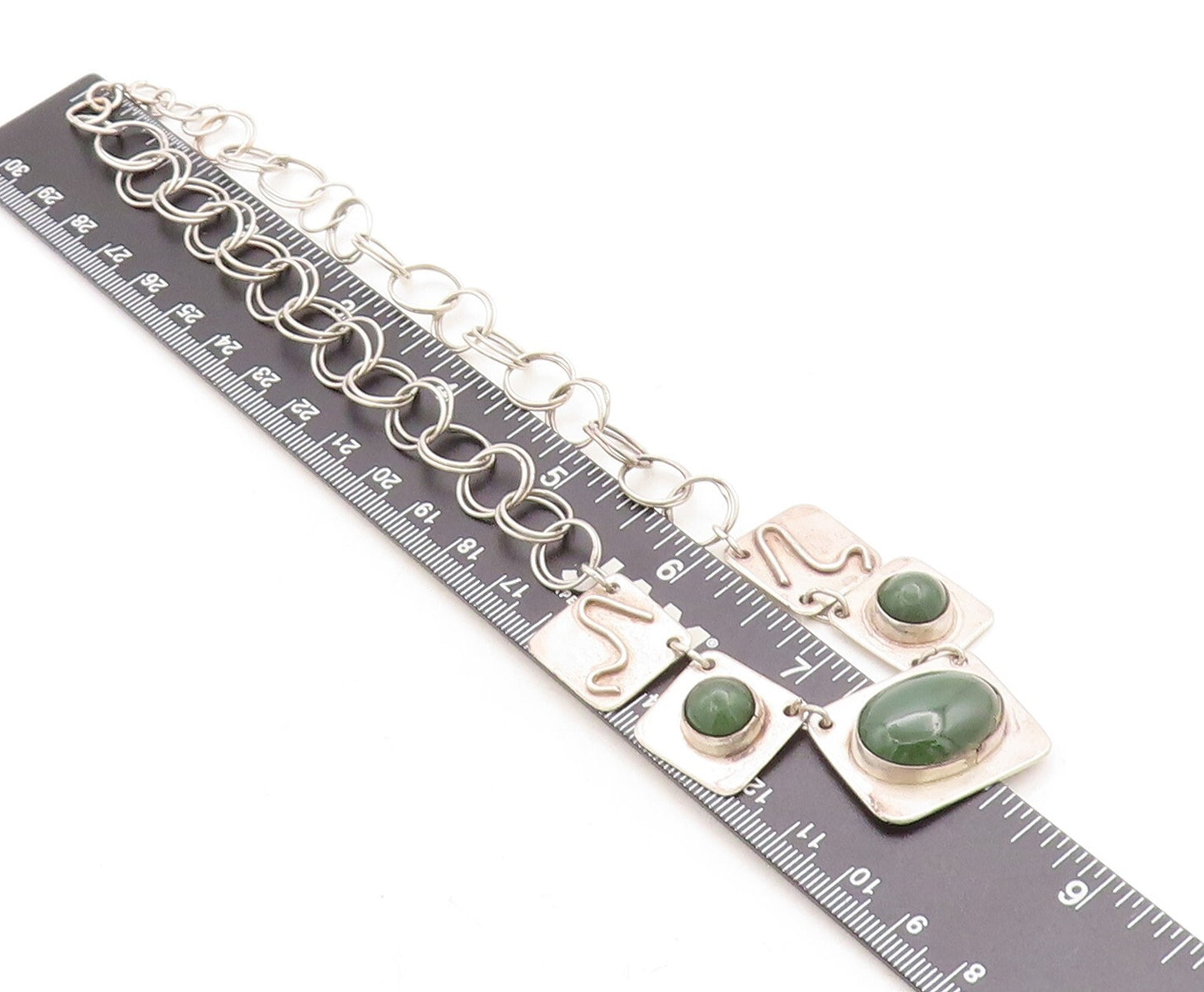 925 Sterling Silver  Vintage Cabochon Cut Green Jasper Chain Necklace  NE2149