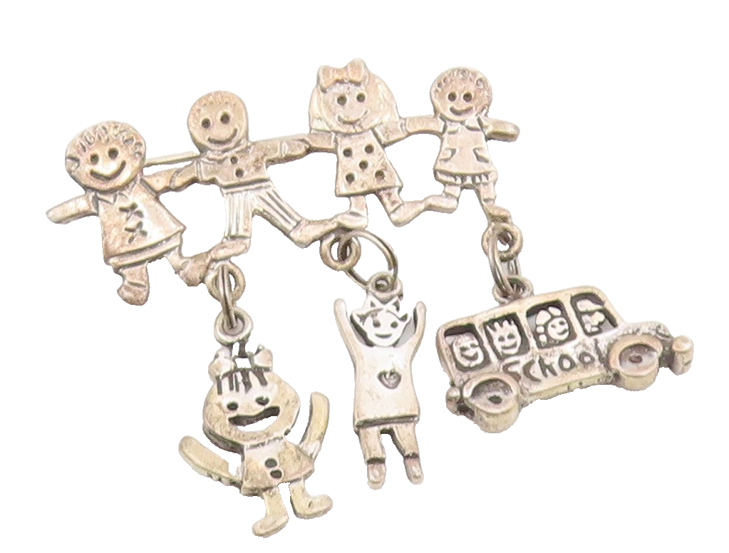 925 Sterling Silver  Vintage School Bus Charmed Children Brooch Pin  BP4061