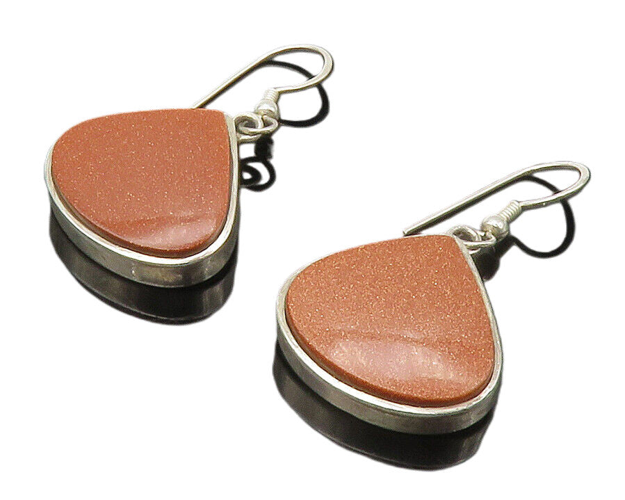 925 Sterling Silver  Vintage Goldstone Shiny Tear Drop Dangle Earrings  EG7406