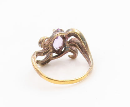 925 Sterling Silver Vintage Ring Gold Plated Marquise Cut Amethyst Sz 7 RG35887