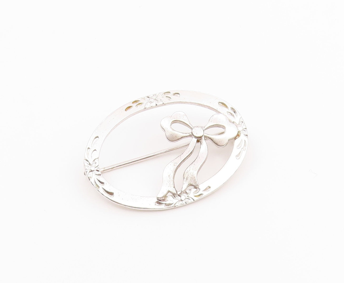 925 Silver  Vintage Dainty Engraved Flowers & Bow Tie Brooch Pin  BP9755