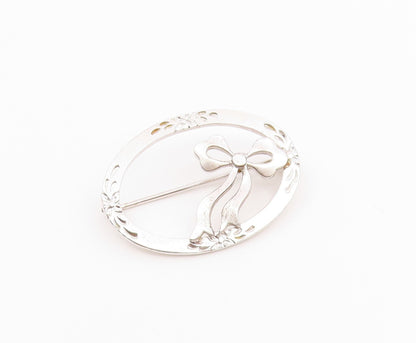 925 Silver  Vintage Dainty Engraved Flowers & Bow Tie Brooch Pin  BP9755