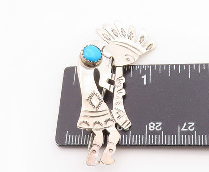 925 Sterling Silver Vintage Brooch Navajo Turquoise Etched Kokopeli  BP11755