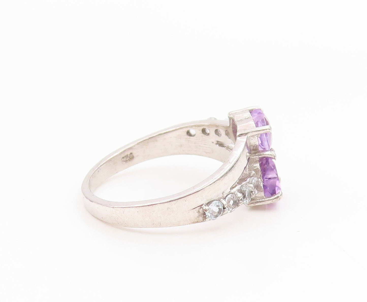 925 Sterling Silver Vintage Ring Amethyst & CZ Double Love Heart  Sz 6  RG36131