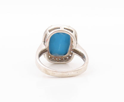 925 Sterling Silver Vintage Ring Rectangle Cut Turquoise Halo CZ  Sz 7  RG30297