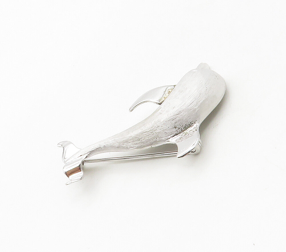 BEAU 925 Sterling Silver  Vintage Shiny Matte Dolphin Motif Brooch Pin  BP6507